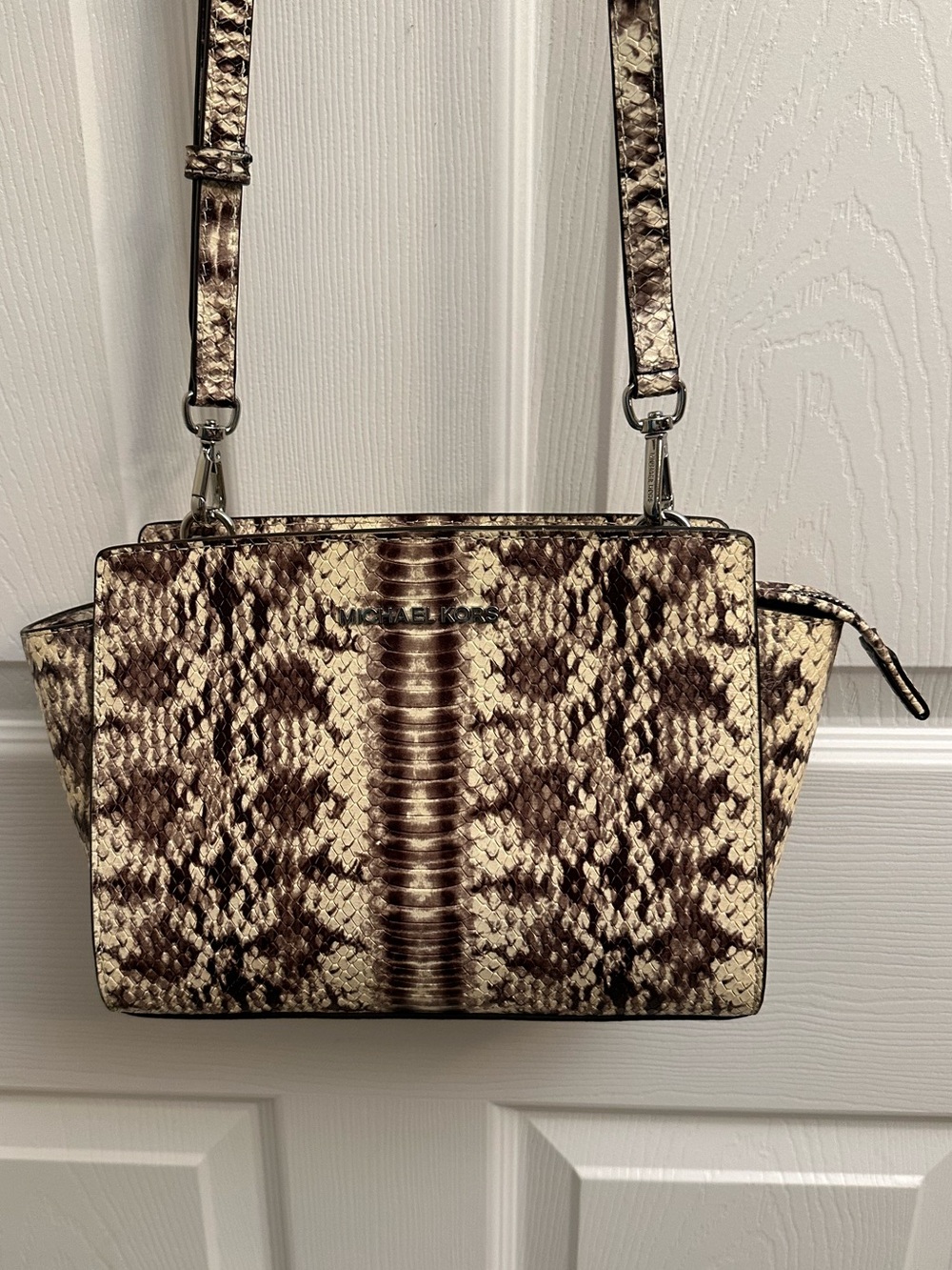 Michael Kors Brown and Cream Snake-Print Crossbody